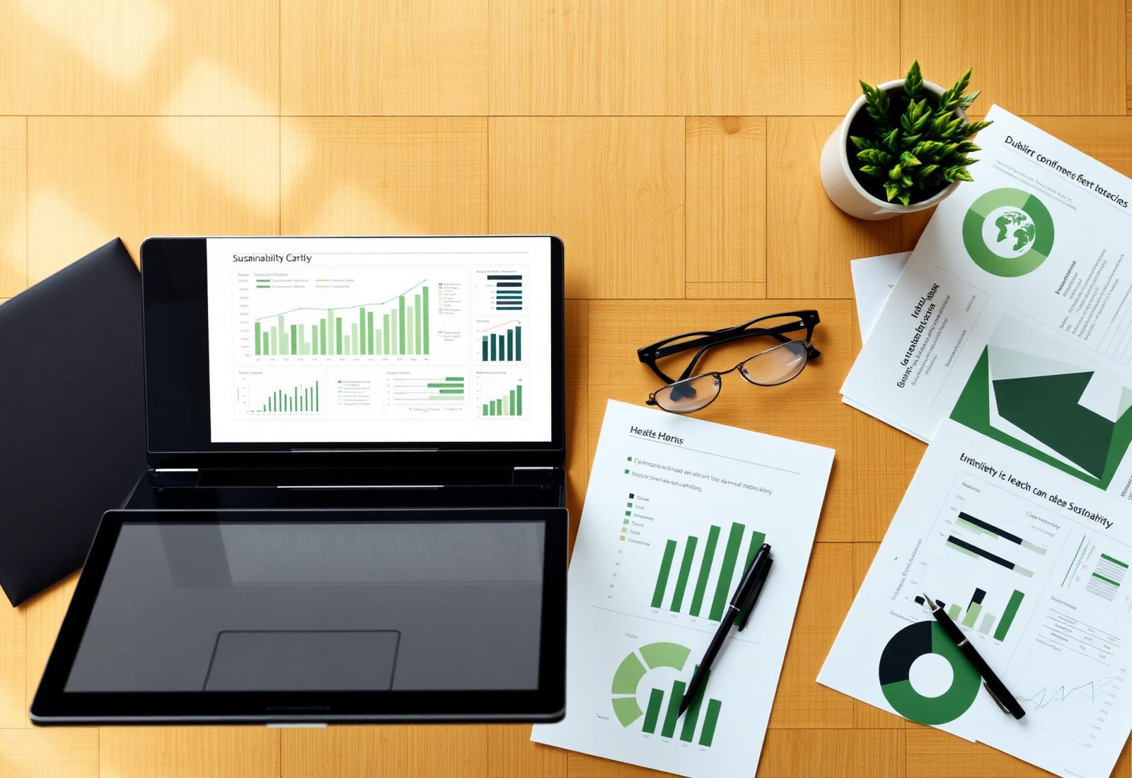 Laptop, printed charts and coffee on a desk